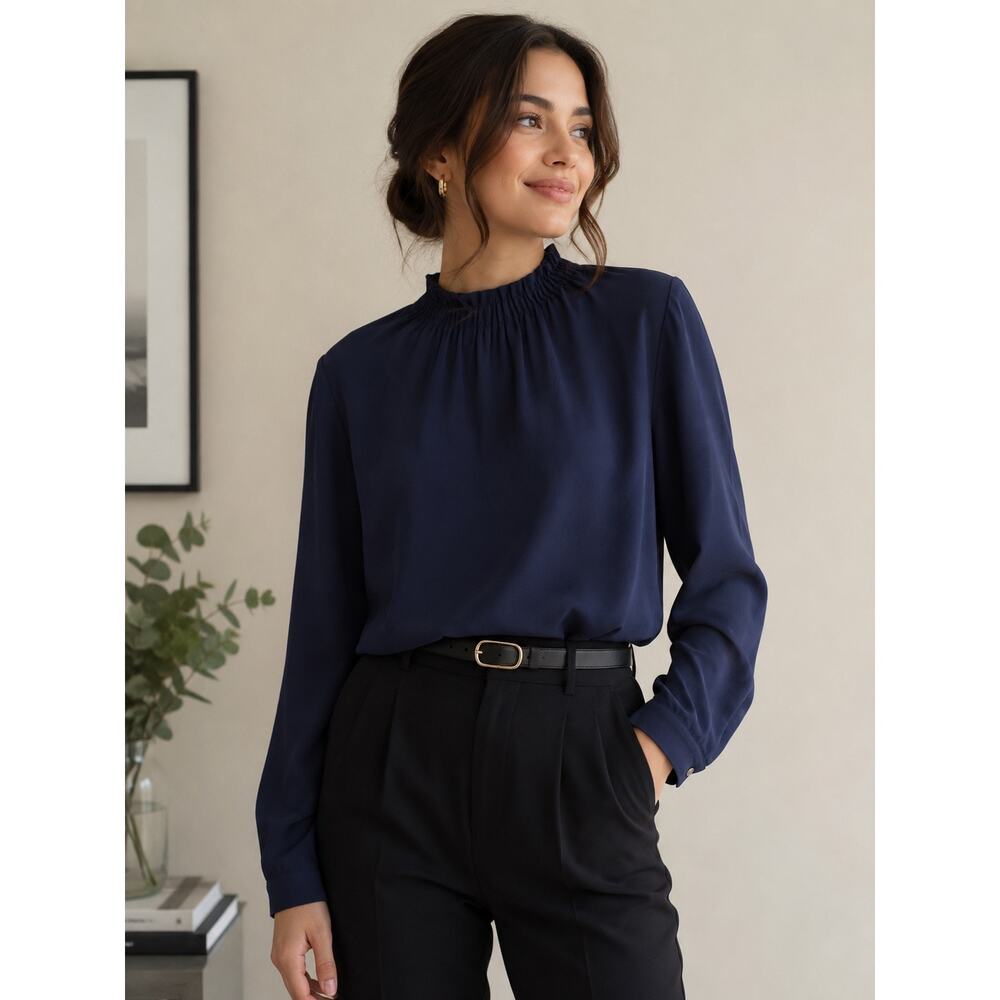 NWT Eileen Fisher 100% Silk Gathered Neck Long Sleeve Blouse  Ink Navy Sz M $298